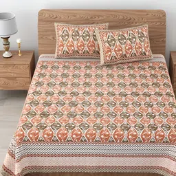 Urban Jaipur Orange Green Floral Cotton 210 TC King Bedsheet With 2 Pillow Covers-image-91
