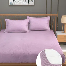 Furnistitchs Purple 300 TC Woollen Fitted King Bedsheet with 2 Pillow Covers-image-78