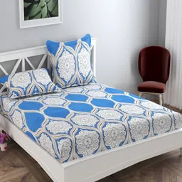 Innovative Edge Blue Ethnic Motifs Cotton 160 TC Fitted King Bedsheet with 2 Pillow Covers-image-12