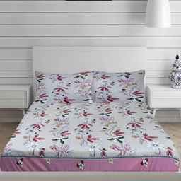 Innovative Edge White & Pink Floral160 TC Cotton Fitted King Bedsheet With 2 Pillow Covers-image-37