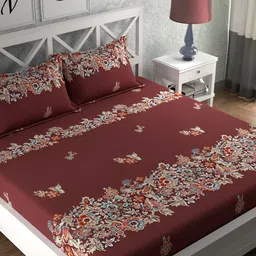 Innovative Edge Rust Floral 160 TC Cotton Fitted King Bedsheet With 2 Pillow Covers-image-46