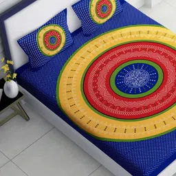 Lali Prints Blue & Red Geometric Cotton 180 TC King Bedsheet With 2 Pillow Covers-image-7