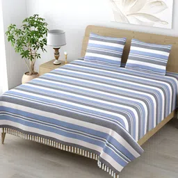 Homez Sparrow Blue & White Striped Cotton 210 TC King Bedsheet With 2 Pillow Covers-image-48