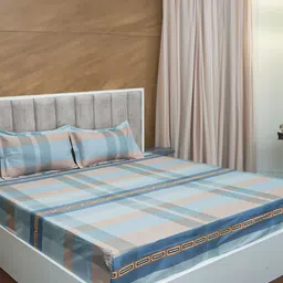 BELLA TRUE Grey & Blue Geometric Microfiber 210 TC Flat King Bedsheet With 2 Pillow Covers-image-41