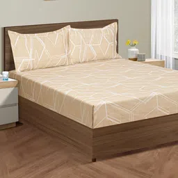 SWAYAM Zinnia Beige Geometric Cotton 250 TC Fitted King Bedsheet with 2 Pillow Covers-image-40