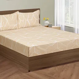 SWAYAM Beige & White Geometric Cotton 250 TC King Fitted Bedsheet with 2 Pillow Covers-image-66