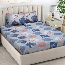 FABINALIV Blue & Pink Geometric 300 TC King Bedsheet with 2 Pillow Covers-image-99