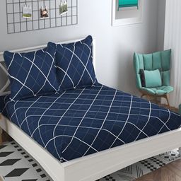 Furnistitchs Blue Geometric Printed Fitted 300 TC King Bedsheet With 2 Pillow Covers-image-81