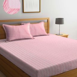 Arrabi Pink Striped 300 TC King Bedsheet with 2 Pillow Covers-image-89