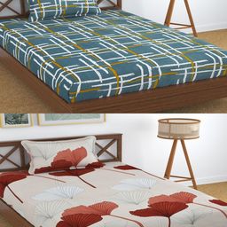 Aura Blue & White Printed 180 TC 2 Single Bedsheet with 2 Pillow Covers-image-46