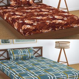 Aura Brown & Green 2 Pieces 180 TC Floral Single Bedsheets with 2 Pillow Covers-image-101
