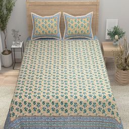 Aura Beige & Blue Printed 144 TC Pure Cotton Double King Bedsheet With 2 Pillow Covers-image-48