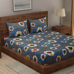 Niamh by Tag 7 Blue & Brown Floral 144 TC King Bedsheet with 2 Pillow Covers-image-4