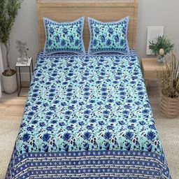 Aura Blue & White Printed 144 TC Pure Cotton Double King Bedsheet With 2 Pillow Covers-image-48
