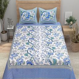 Aura Blue & White Printed 144 TC Pure Cotton Double King Bedsheet With 2 Pillow Covers-image-53