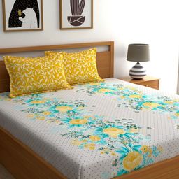 Home Ecstasy Yellow & White Floral 140 TC Queen Bedsheet With 2 Pillow Covers-image-102