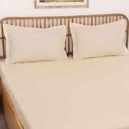 House This Sesame Off White Cotton 600 TC Fitted Queen Bedsheet with 2 Pillow Covers-picture-47