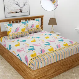MORADO White & Yellow Graphic 210 TC Queen Bedsheet with 2 Pillow Covers-image-81