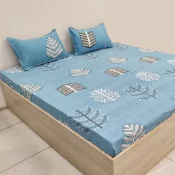 Supreme Home Collective Blue 210 TC Cotton Fitted Queen Bedsheet with 2 Pillow Covers-image-94