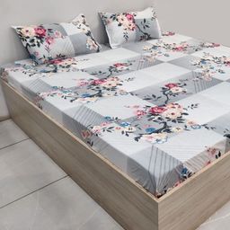 Supreme Home Collective Grey 210 TC Cotton Fitted Queen Bedsheet with 2 Pillow Covers-image-96