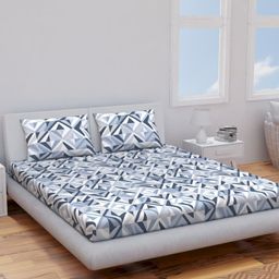 Himeya Blue & White Geometric Cotton 120 TC Queen Bedsheet With 2 Pillow Covers-image-16