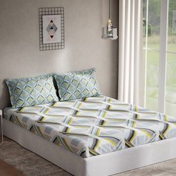 DDecor Blue & Brown Geometric 140 TC Cotton Queen Bedsheet with 2 Pillow Covers-image-58