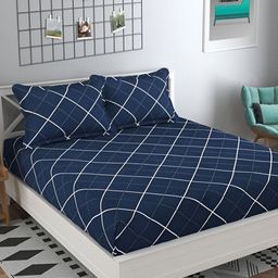 RRC White & Blue Geometric 144 TC Queen Bedsheet with 2 Pillow Covers-image-73