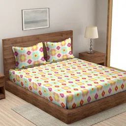 MODEFE Green & Pink Geometric 144 TC Queen Bedsheet with 2 Pillow Covers-14