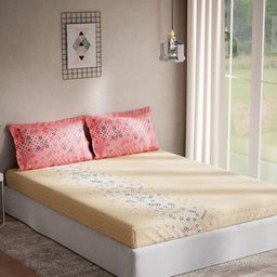 DDecor Beige & White Geometric 144 TC Cotton Queen Bedsheet with 2 Pillow Covers-picture-17