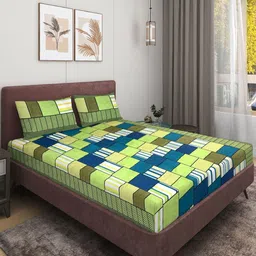 Aura Green & Blue Geometric Printed Microfiber 144 TC Queen Bedsheet Set 2.24 m x 2.42 m-1