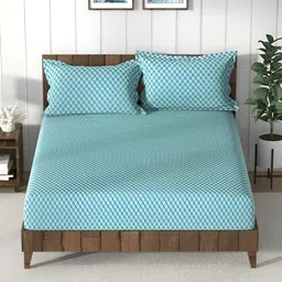 Nautica Blue & White Geometric 160 TC Cotton Queen Bedsheet with 2 Pillow Covers-image-57