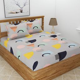 MORADO Grey & Yellow Geometric 210 TC Queen Bedsheet With 2 Pillow Cover-image-68