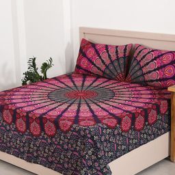 HANDICRAFT PALACE Violet & Pink Printed Cotton 144 TC Queen Bedsheet With 2 Pillow Covers-image-96