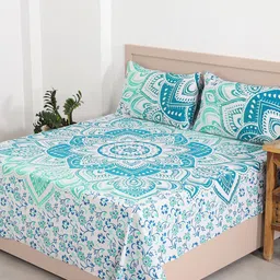 HANDICRAFT PALACE White & Green Printed 144 TC Cotton Queen Bedsheet & 2 Pillow Covers-image-60