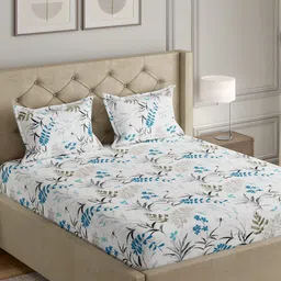 GM White & Blue Printed Cotton 140 TC Queen Bedsheet with 2 Pillow Covers-image-10