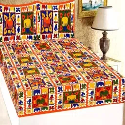 Qfab Orange & Yellow Ethnic Motifs Cotton 144 TC Queen Bedsheet with 2 Pillow Covers-image-94