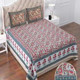 Qfab Beige & Blue Floral Cotton 144 TC Queen Bedsheet with 2 Pillow Covers-picture-51