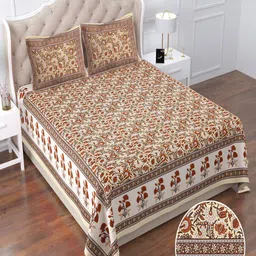 Qfab Beige & Brown Floral 144 TC Queen Bedsheet with 2 Pillow Covers-picture-49