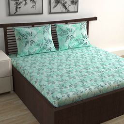 Divine Casa Emerald Sea Green Floral Cotton 144 TC Queen Bedsheet with 2 Pillow Covers-picture-25