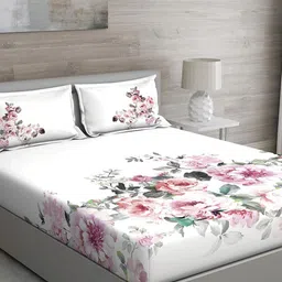 GM White & Pink Floral 150 TC Queen Bedsheet with 2 Pillow Covers-image-25