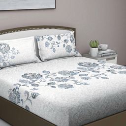 GM Grey & White Floral 180 TC Super Queen Bedsheet with 2 Pillow Covers-image-92