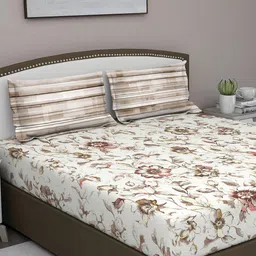 GM Beige & Brown Floral 180 TC Queen Bedsheet with 2 Pillow Covers-image-91