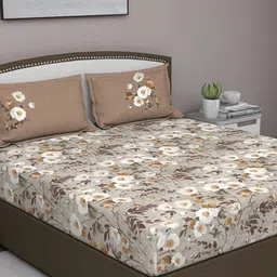 GM Beige & Brown Floral 180 TC Queen Bedsheet with 2 Pillow Covers-image-99