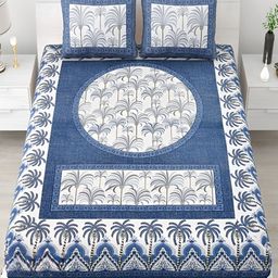 Runjhun Blue & White Ethnic Motifs Pure Cotton 180 TC Queen Bedsheet With 2 Pillow Covers-image-54
