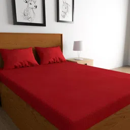TEAL BY CHUMBAK Maroon Striped Satin 210 TC Queen Bedsheet with 2 Pillow Covers-image-35