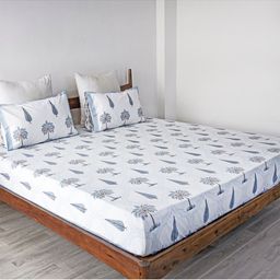 HOMEMONDE Blue & White Floral 300 TC Queen Bedsheet with 2 Pillow Covers-picture-5