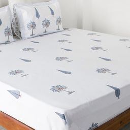 HOMEMONDE Blue & White Floral 300 TC Queen Bedsheet with 2 Pillow Covers-picture-6