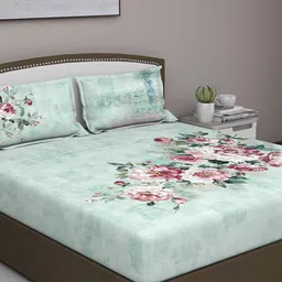GM Green & Pink Floral 400 TC Queen Bedsheet with 2 Pillow Covers-image-35