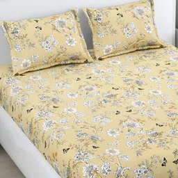 HOME AFFAIRS Khaki & White Floral Cotton 160 TC King Bedsheet with 2 Pillow Covers-image-45