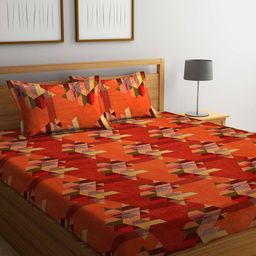 Dhrohar Red & Orange Geometric Cotton 240 TC Queen Bedsheet with 2 Pillow Covers-11